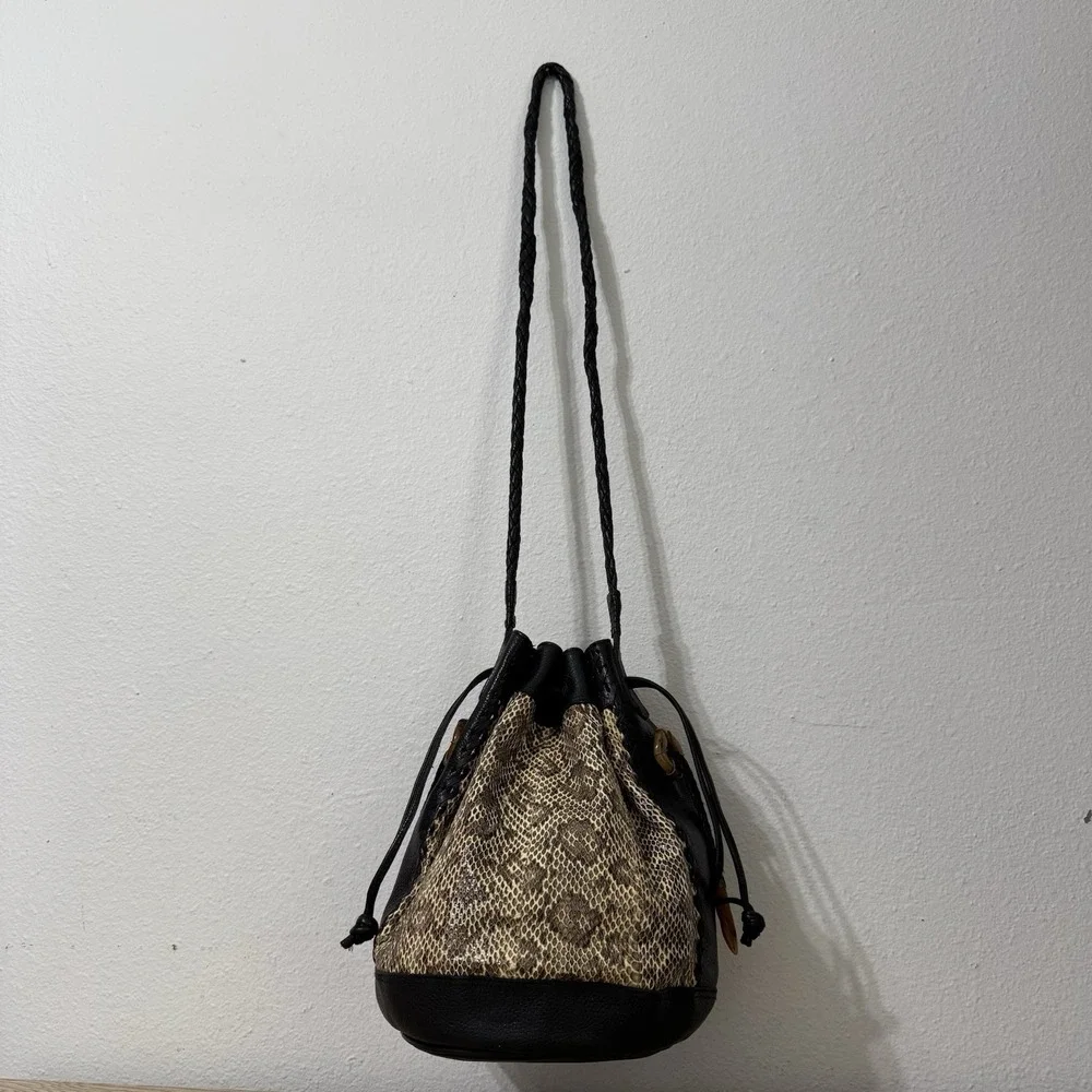 BONAVI Big Brown Snakeskin & Black Leather Drawstring‎ Bucket Bag Purse